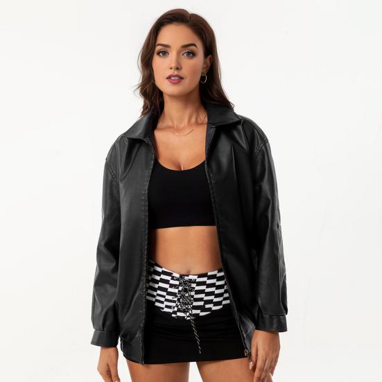 Women Winter Faux Leather Coat Zipper Long Sleeve Jacket with Lapel Solid Color And Pockets Boyfriend Motorcycle Streetwear