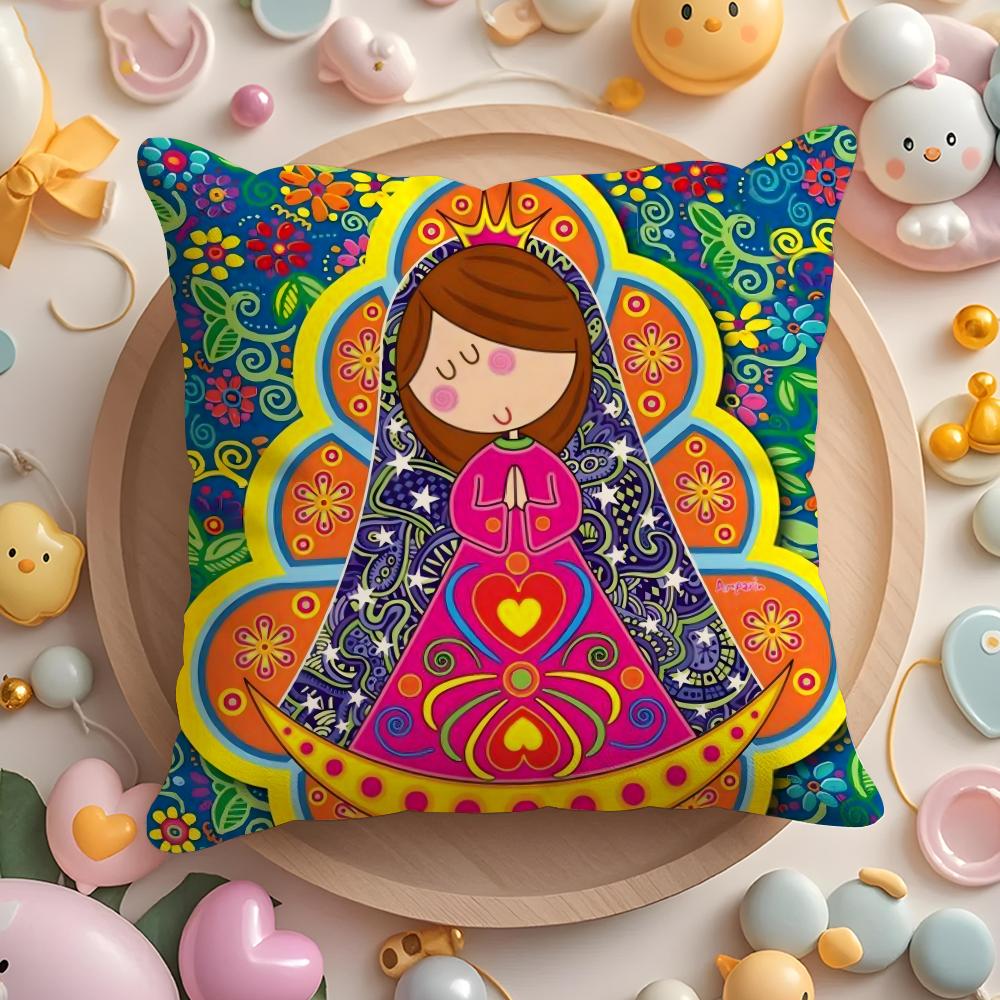 Cartoon Virgin Mary Art Cushion Cover Home & Car Multi-Scene Pillow Cover - Reversible, Soft & Durable for Daily Use
