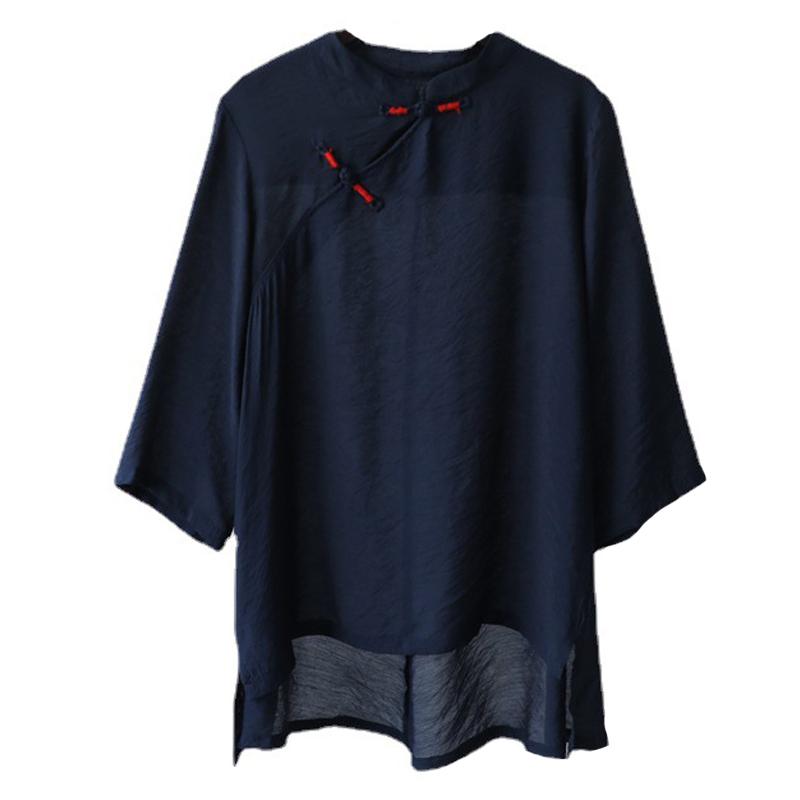 Johnature Women Chinese Style Shirts Tops Stand Long Sleeve Button Summer Solid Color Blouses Loose Shirts