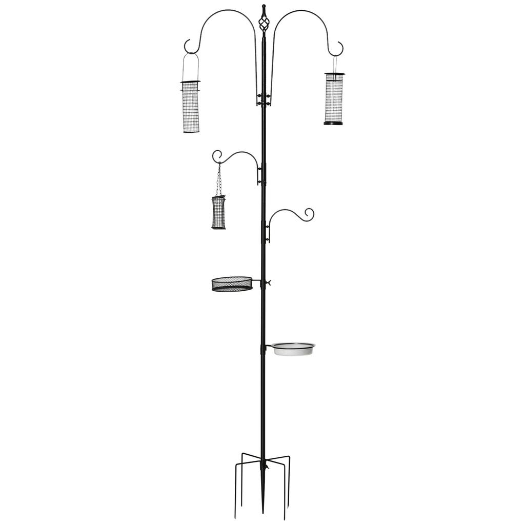 Steel bird feeder station, freestanding bird feeder 208H cm with 4 hooks, black
