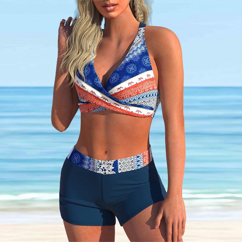 Dámské plavky s popruhem přes rameno Světle modré s přechodem květinovým potiskem Bikini plavky tankiny