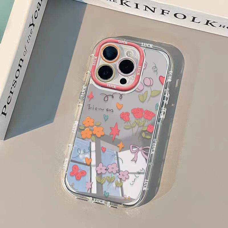 Clear Floral Mirror Phone Case for iPhone 13/14/16Pro/17/15ProMax