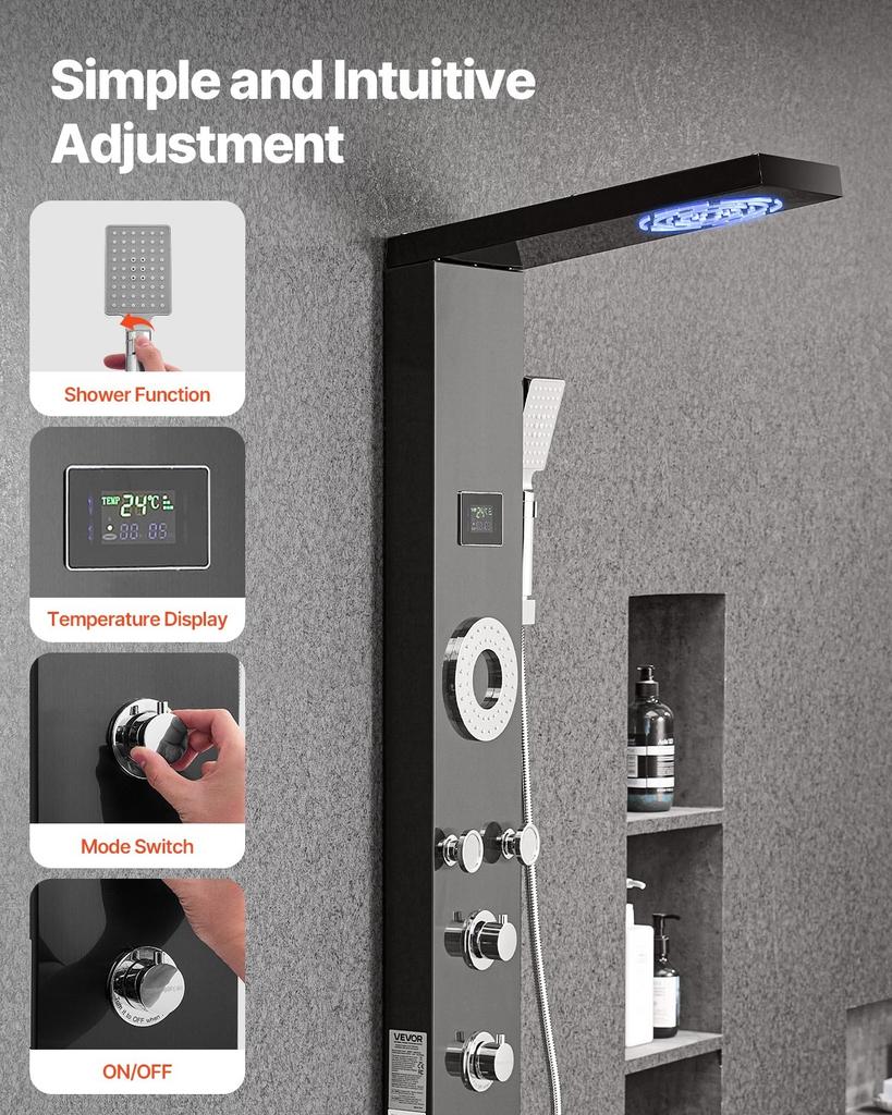 Shower Panel Tower System Stainless Steel Column Rainfall Head Massage Jet