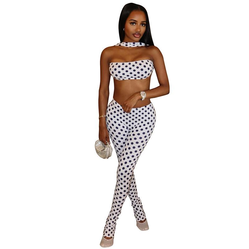 European & American Women's Polka Dot Halter Backless Two-Piece Set: Tight Long Pants