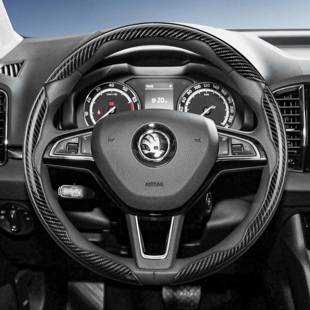 Suitable for Skoda Carbon Fiber Texture Steering Wheel Cover with Segmented Quick-Release Design, Durable, for Octavia Kamiq Fabia Kodiaq Karoq Enyaq