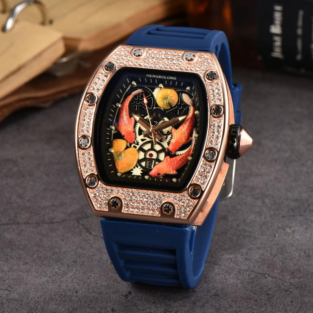 2025 Hengbolong Diamond Quartz Watch Men's Fashion Koi Pattern Strap Calendar Silicone Watch Strap