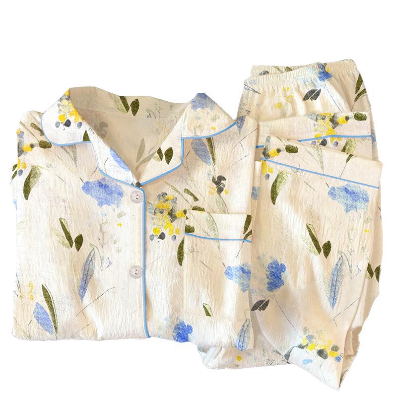 Green Plant Flower Lapel Pajamas Women'S Spring And Autumn Long-Sleeved Trousers Sweet Girl Loungewear Set