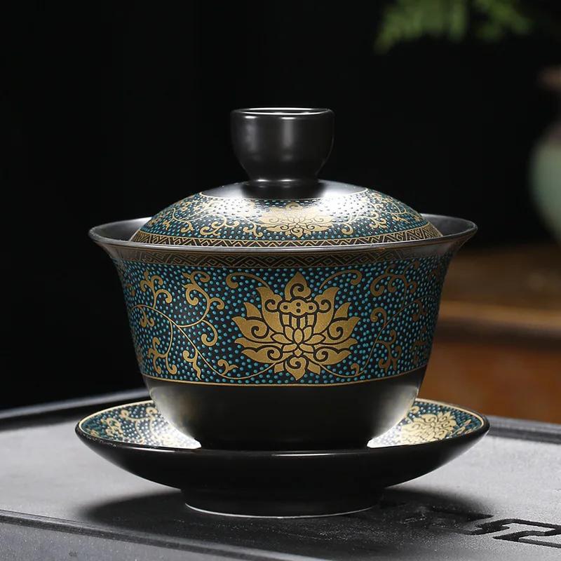Chinese Teaset Classical Gaiwan Tea Cups Black Clay Tureen Lid Bowl Saucer Traditional Handmade Tea Brew Tea Cup