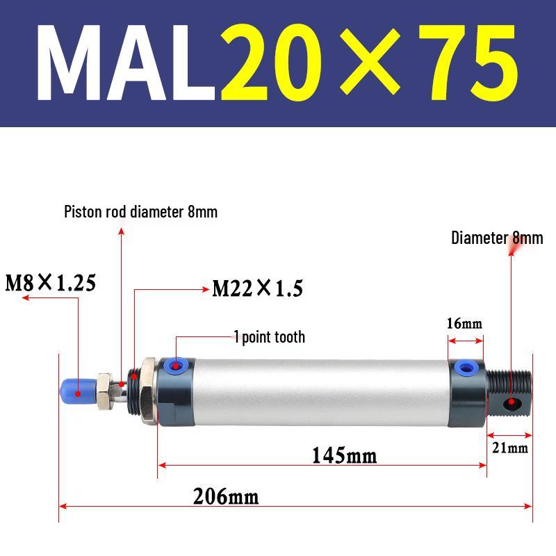 Mini Aluminum Alloy Pneumatic Cylinder - Round, Sizes 16/20/25/32/40 x 25/50/75/100/200