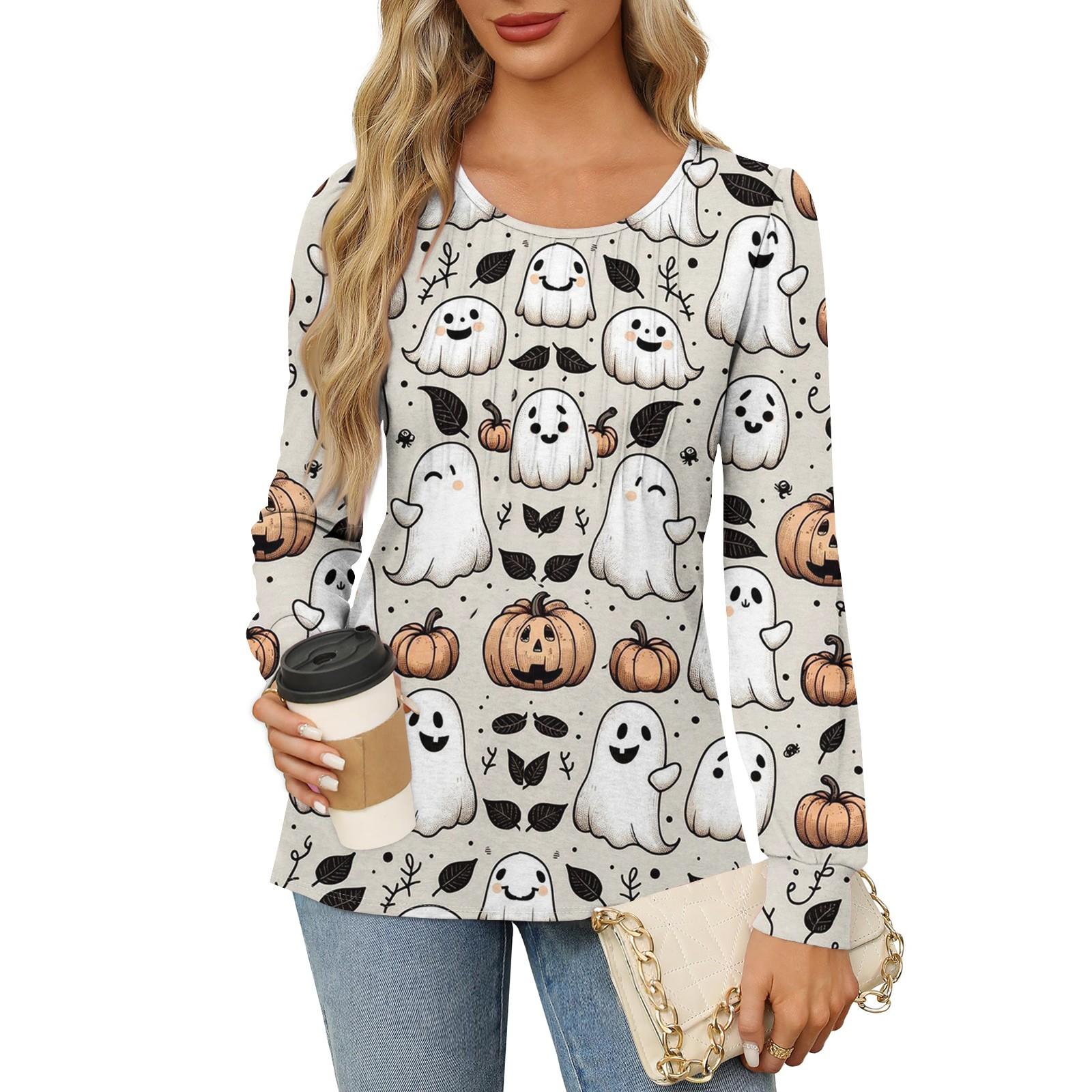 

Рубашки с длинным рукавом для женщин, милые принты, графические футболки, блузки, нарядные повседневные блузки, плиссированные туники с круглым вырезом, топы на Хэллоуин L белый