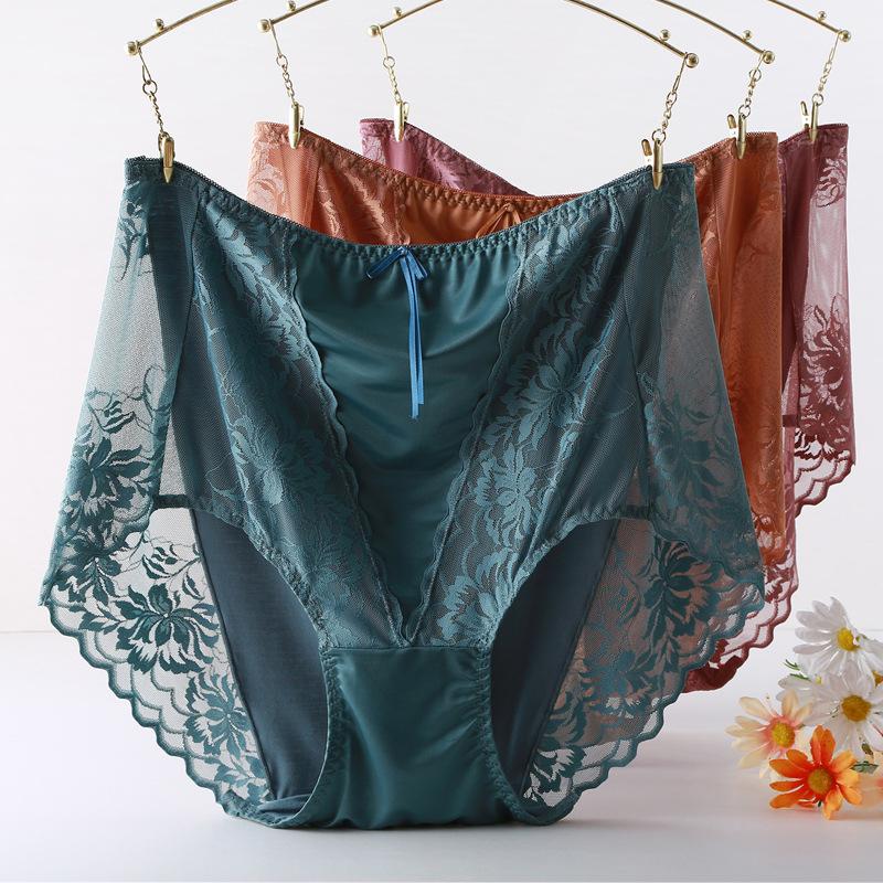 Plus Size Sexy Lace Seamless Panties High-Rised Mesh Briefs Soft Breathable Underpants Lightweight Underwear