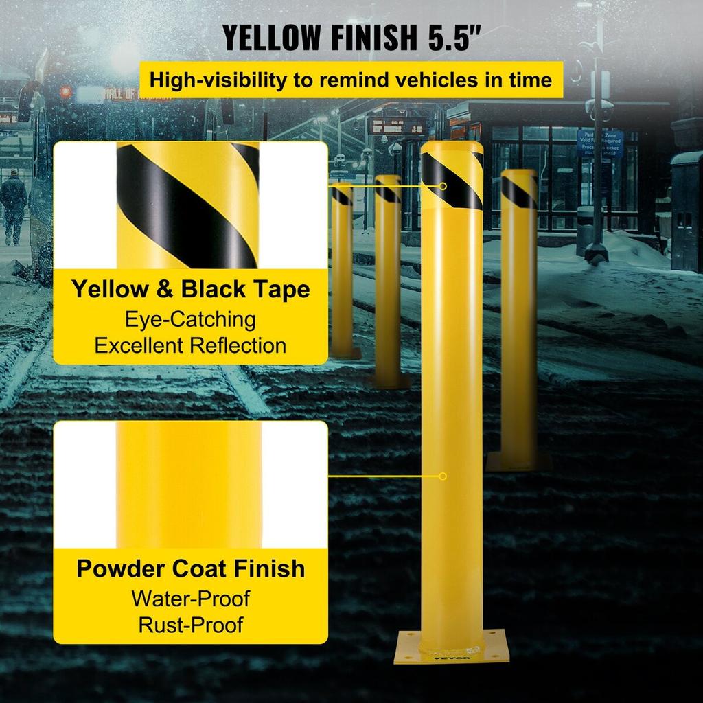Safety Bollard 48"x5.5", Safety Barrier Bollard 5-1/2" OD 48" Height, Yellow Powder Coat Pipe Steel Safety Barrier, with 4 Free Anchor Bolts, for