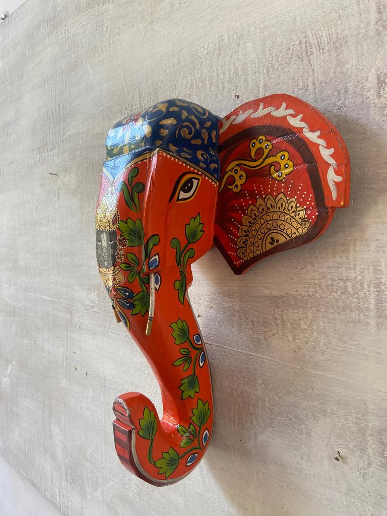 Hand Painted Wooden Elephant Mask: Shrinathji Pichwai Art Wall Hanging