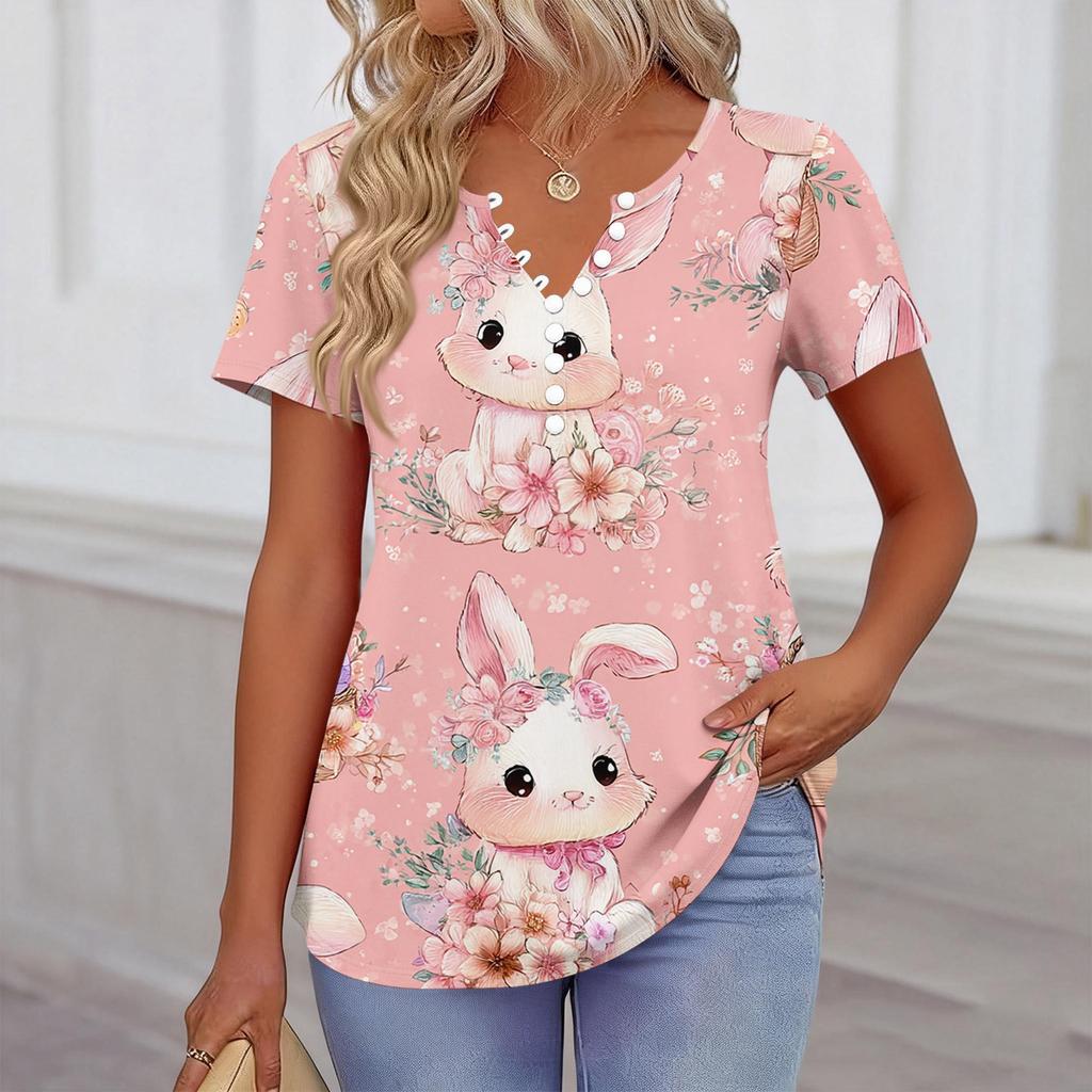 Women’s Short Sleeve V Neck T Shirt with Bunny and Floral Print Casual Loose Fit Soft Comfortable Top for Daily Wear