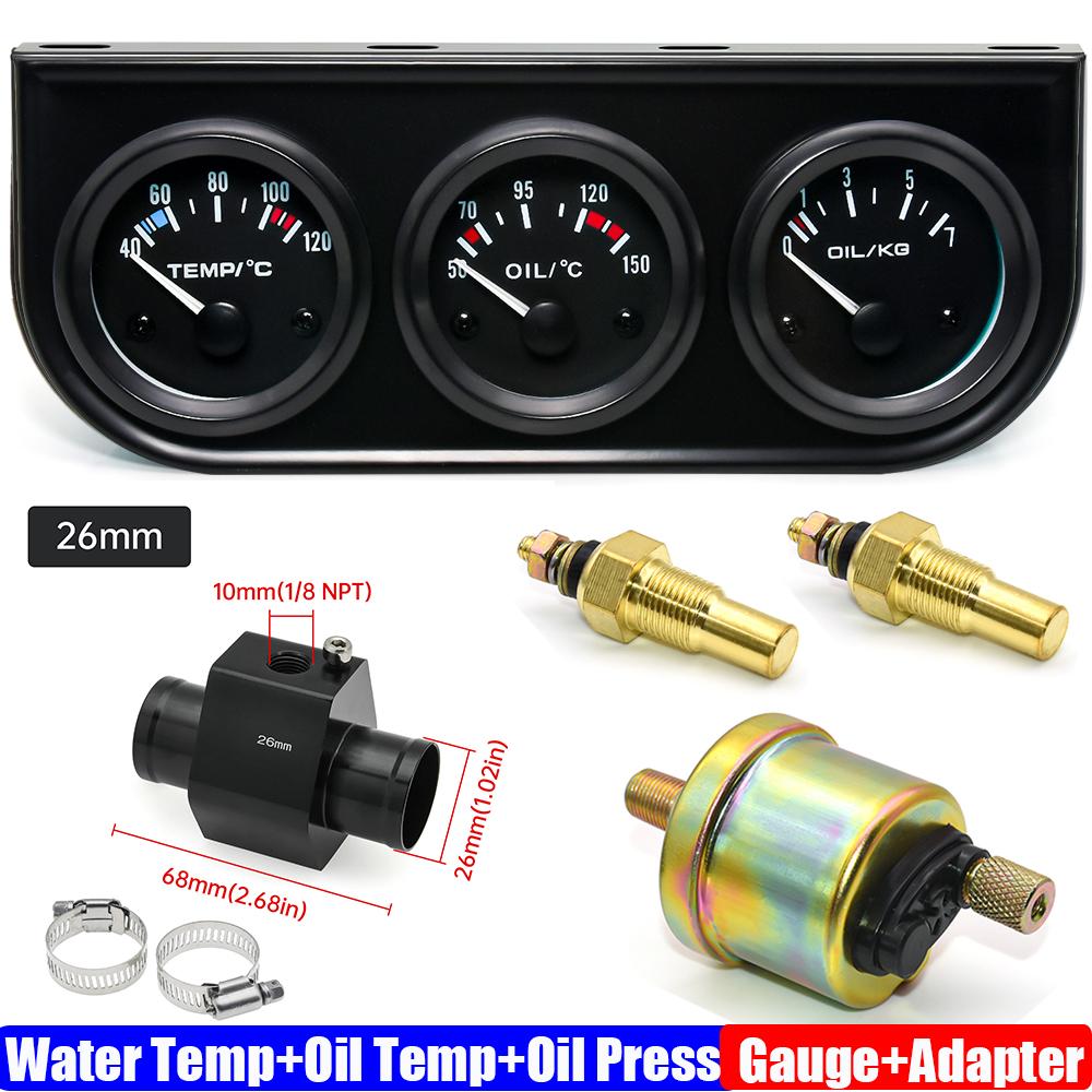 3IN1 Wassertemperaturanzeige+Öltemperaturanzeige+Öldruckanzeige mit Kühlerschlauchadapter 26MM-40MM Auto Dreifach-Anzeigen-Kit 12V