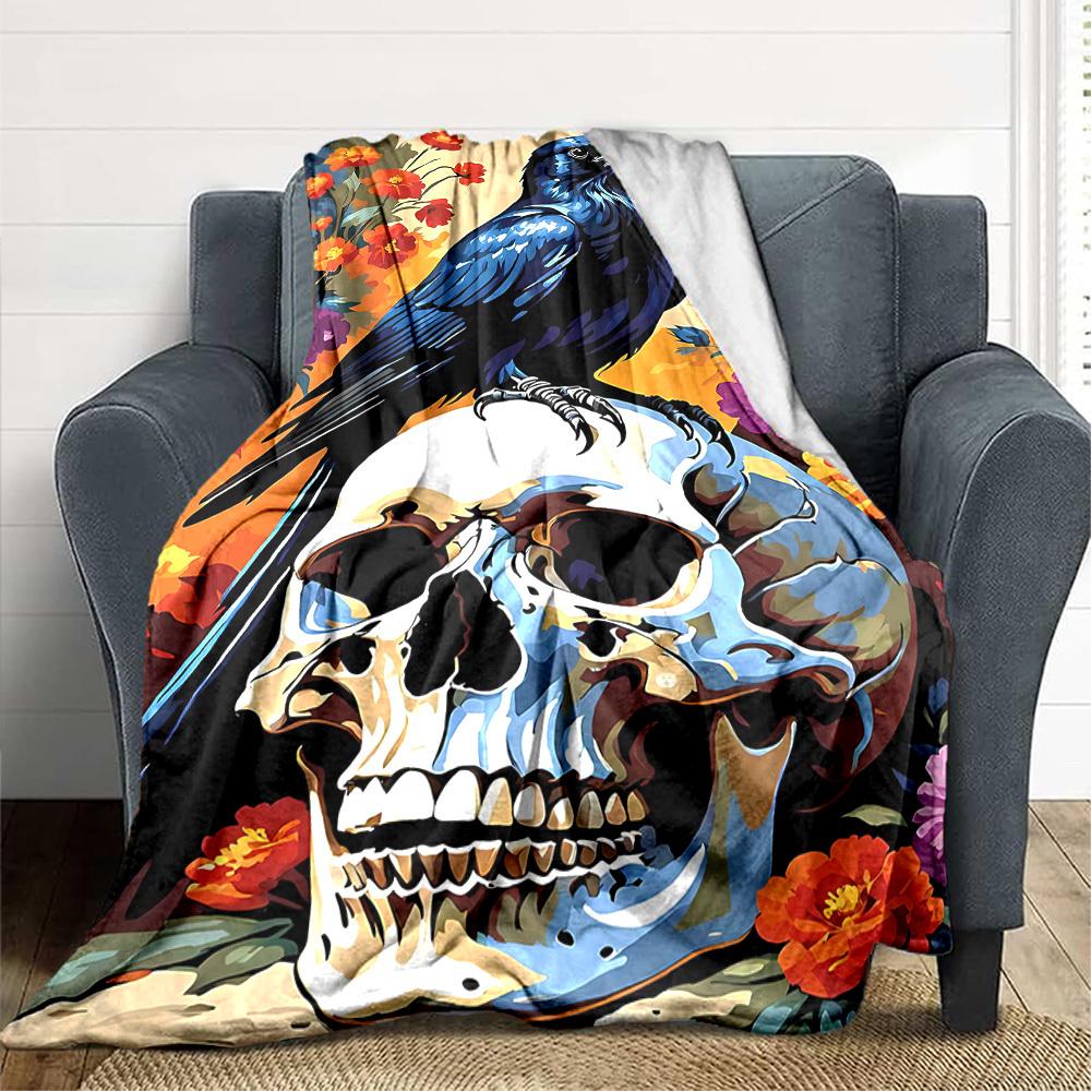 1pc Skull Raven Lightweight Flannel Blanket, Comfortable and Warm Blanket, for Office and Camping Sofa Bed, Livingroom132