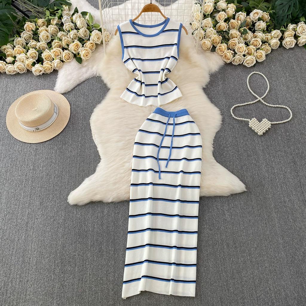 Casual Striped Crew-Neck Sleeveless Knit Top and High-Waisted Slimming Bodycon Midi Skirt Sets Summer Knitted Two Piece Sets for Women