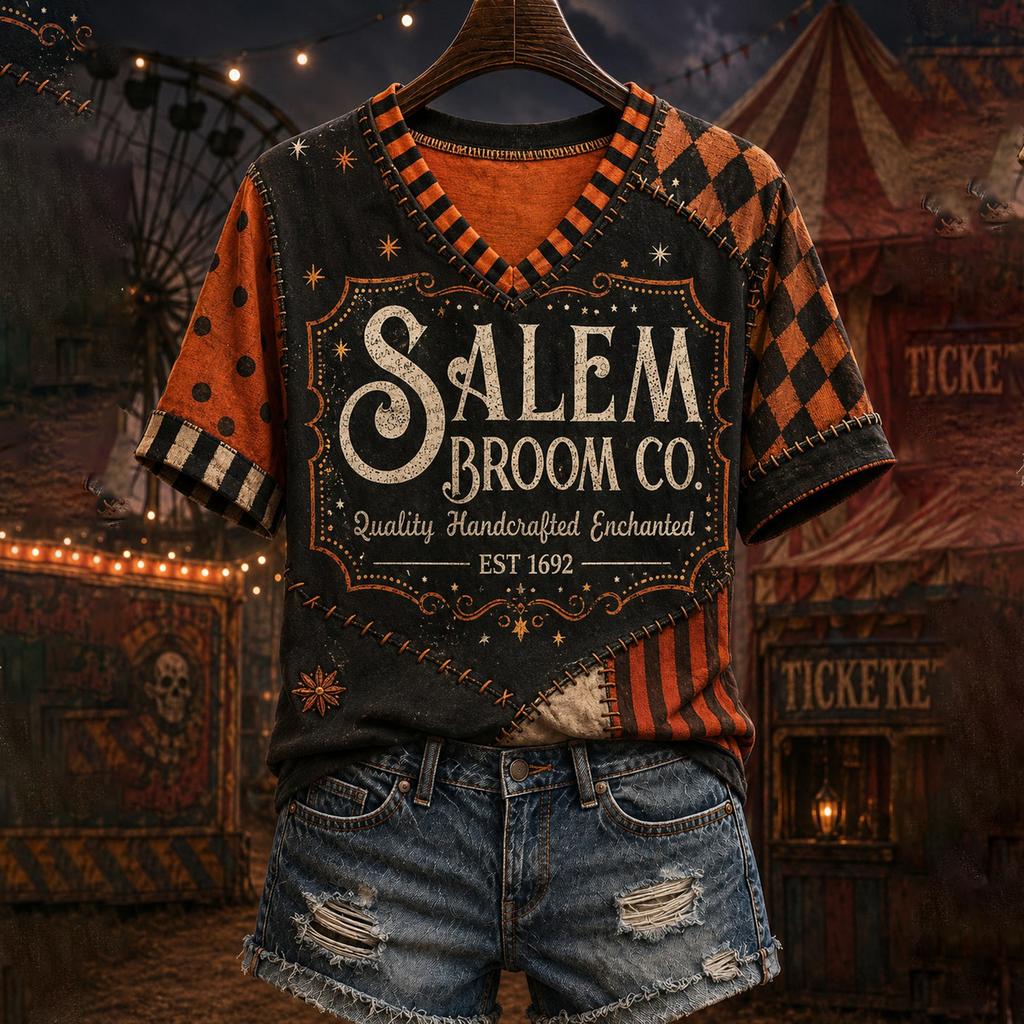 Women's Casual V-Neck Short Sleeve T-Shirt with Halloween Print and Shoulder