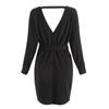 Women Fashion Casual Color Color Open Back Waistband Cross V-neck Bag Hip Slim-fit Knee-length Long-sleeved Dress