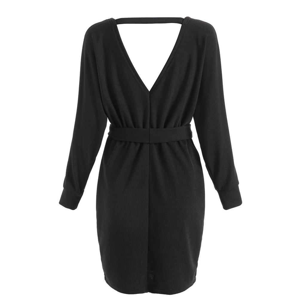 Women Fashion Casual Color Color Open Back Waistband Cross V-neck Bag Hip Slim-fit Knee-length Long-sleeved Dress