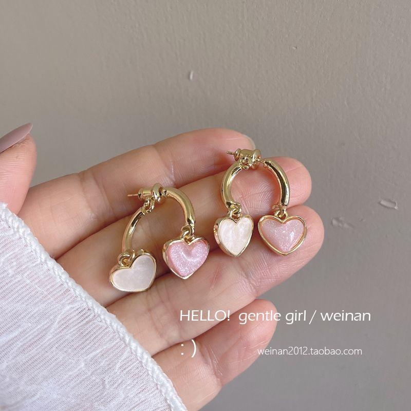 

Girl Pink Front and Rear Heart Cute Warm Winter Milk Ear Studs Back Hanging Dual-Use Earrings Eardrops Women Pair of double-Heart rear-mounted stud earrings