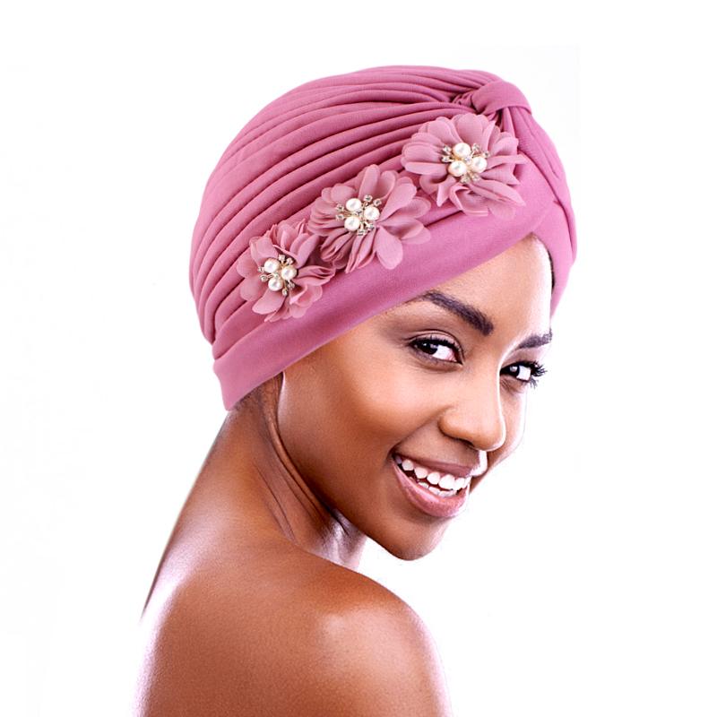 Flower Pearl Turban Pleated Inner Hijab Hat Women Chemo Cap Muslim Headscarf Beanies Bonnet Arab Islamic Hair Loss Turbante