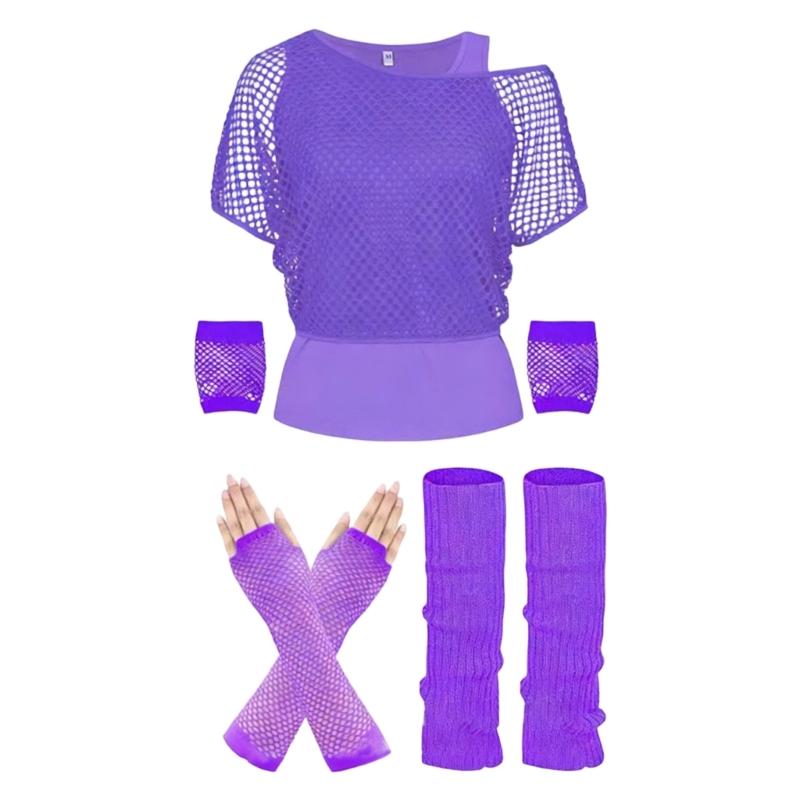 

5Pcs Fishnet Costume Set With Gloves And Leggings Party Dancewear For Carnivals Party Stage Performances XL фиолетовый
