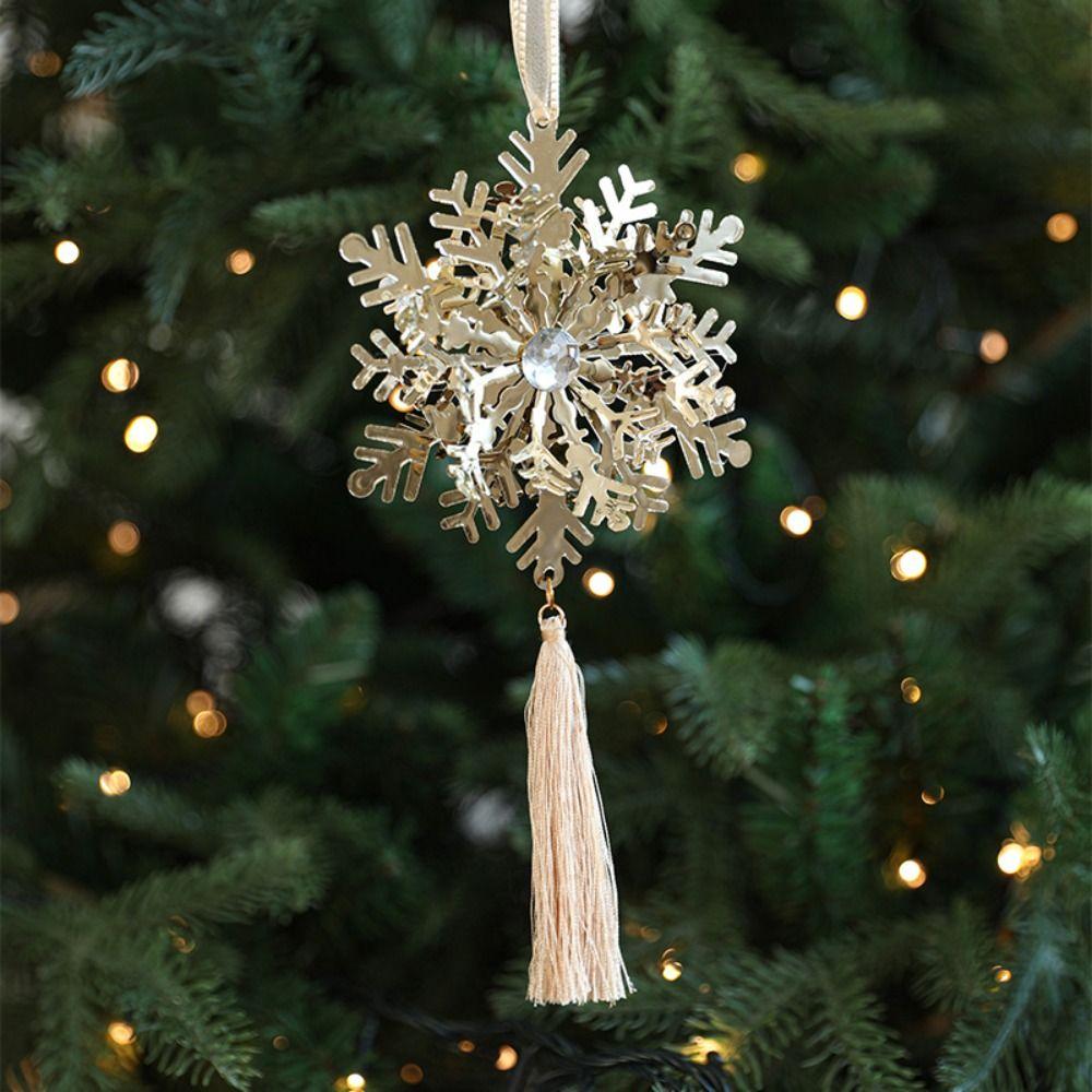 Silver Gold Christmas Snowflakes Pendants Exquisite Handmade Christmas Poinsettia Ornaments with Tassels Iron