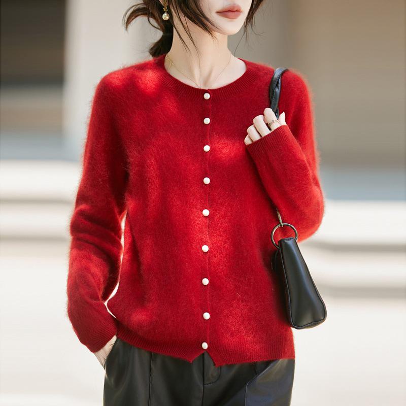 Women's Autumn/Winter Brushed Wool Knit Cardigan - Versatile Round Neck Sweater