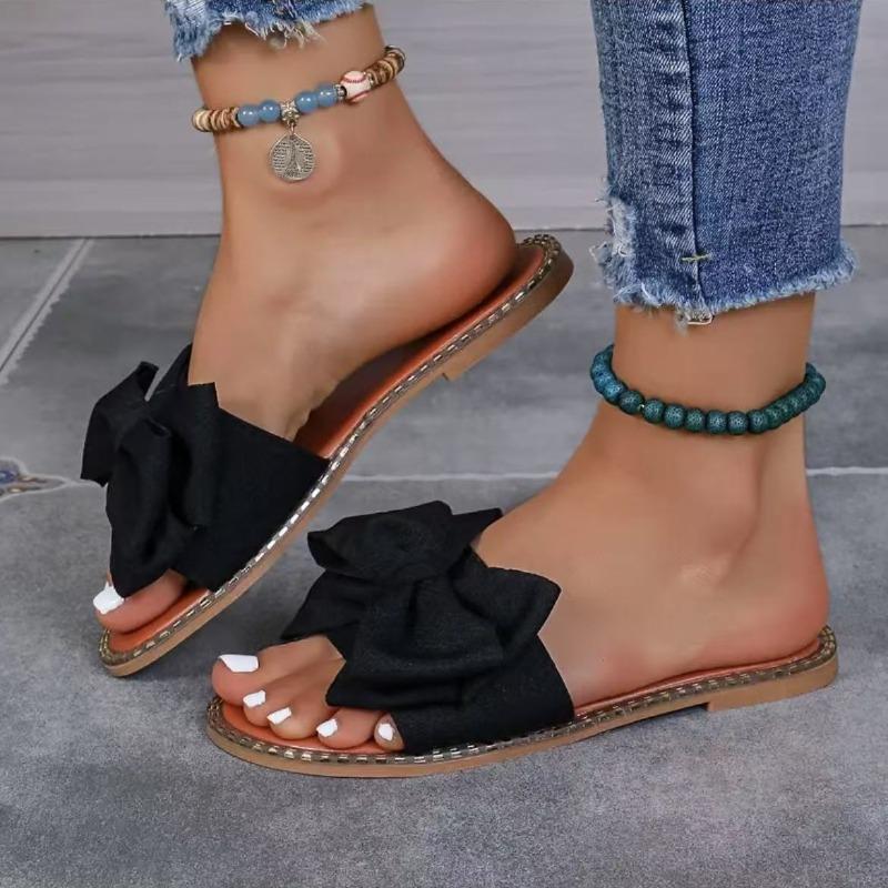 Fashion Shoes Female 2025 New Open Toe Women's Slippers Fashion Outdoor Daily Summer Butterfly-knot Plus Size Solid Light Flat Slippers