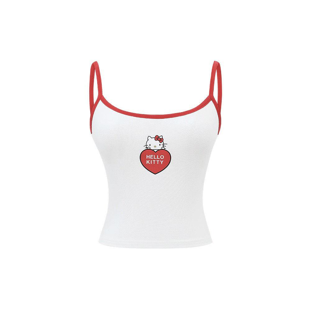 Cartoon Print Contrast‑Trim Spaghetti Strap Camisole Pure White White‑Red Spliced Red Women Cute Slim Summer Sleeveless Layering Vest