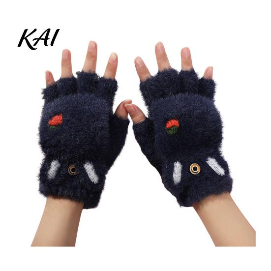 Practical Gift for Winter Furry Cat Paw Thermal Gloves, Flip Top Mitten with Button Women, Half Finger Writing Gloves Students Plush Cute Bear