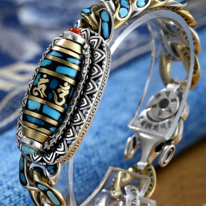 High-End Blaustein Augenmuster Buddhistische Sutras Perle Drehbares Armband Herrenschmuck Trendige Persönlichkeit Schrift Armband Männlich