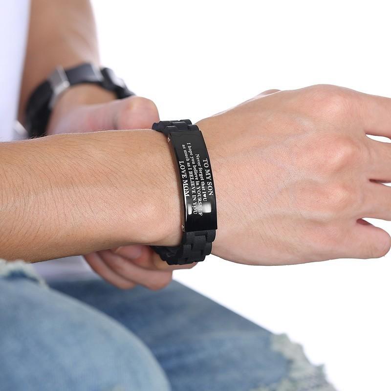 Para Meu Filho Coragem da Mamãe PAPAI Pulseiras Homem Masculino Menino Aço Inoxidável Silicone Preto Esportes Amor Familiar pulseira Ajustável