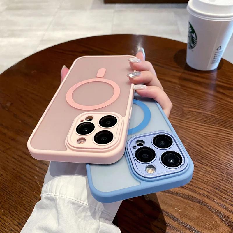 Durchsichtige Magnetische Matte Hülle für iPhone 16 15 14 13 12 11 Pro Max Hülle für Magsafe Kabelloses Laden Kameraschutz Hülle