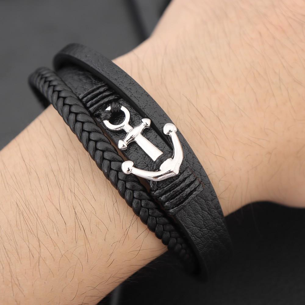 Handmade Leather Bracelet for Men Woven Metal Steel Boat Anchor Bracelet Fashion National Style Jewelry