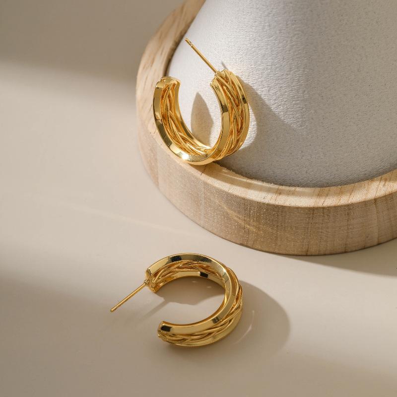 Women 18k Real Gold Plated Brass C Shape Retro Twisted Chunky Stud Earrings