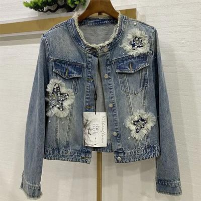 Giacca di jeans da donna per primavera e autunno, design piccolo, tinta unita, giacca con scollo rotondo
