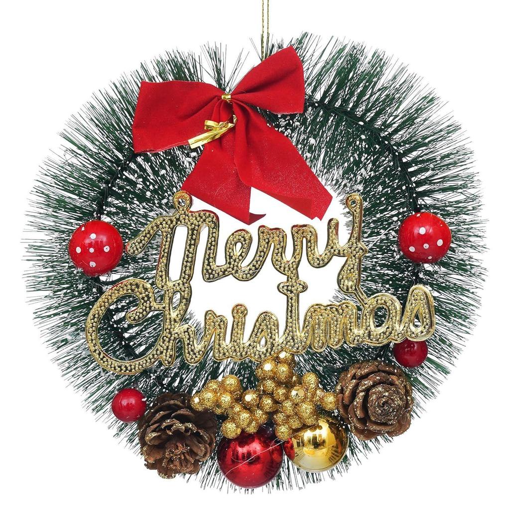 Green Merry Christmas Wreath for Front Door with Red Berries Balls Flowers Ribbon | Garland for Christmas | Xmas Gifts Ornaments Props