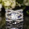 European And American High-End Temperament Business Style New Handmade Jewelry Blue And White Inlaid Zircon Line Design Ring