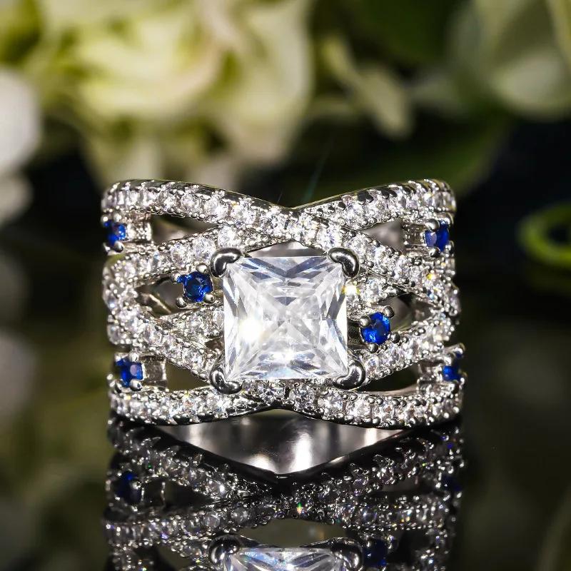 European And American High-End Temperament Business Style New Handmade Jewelry Blue And White Inlaid Zircon Line Design Ring