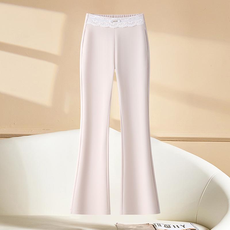 

Женские кружевные микро-клеш брюки - Эластичная талия, Повседневные, Весна 2025, Драпирующийся стиль для мам среднего возраста, Ацетатные узкие клеш S бежевый/миндальный