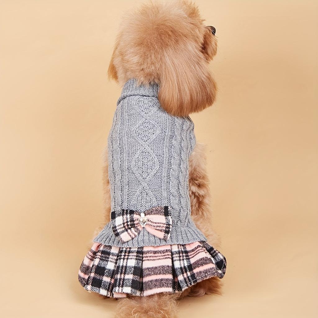 Hunde Pullover Kleid für kleine Hunde mit Fliege Rollkragen Gestricktes Hunde Kleid Haustier Hund Winterkleidung Warmer Pullover für Yorkies Chihua