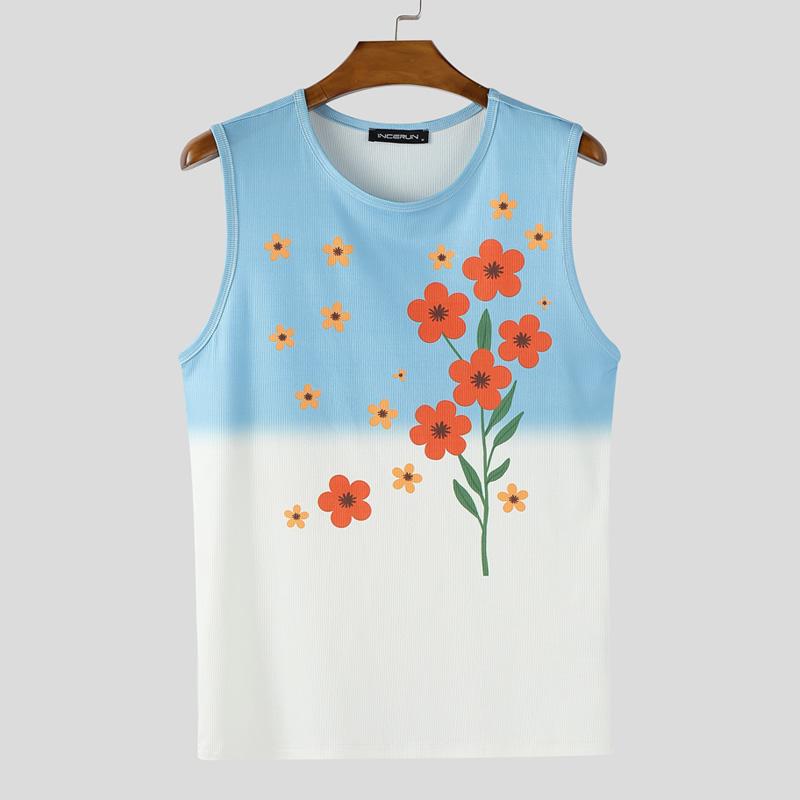 

INCERUN Men Summer Sleeveless Floral Print Stitching Casual Loose Tank Tops 5XL синий