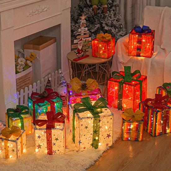 3 Pcs/Set Christmas Lighted Gift Boxes LED Light Up Stackable Nesting Box with Bow for Christmas Indoor Outdoor Home Yard Lawn Decor