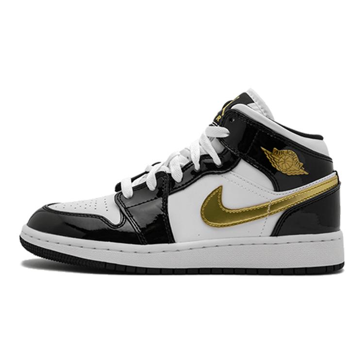

Jordan 1 Mid Patent Black White Gold GS BQ6931-007 36.5