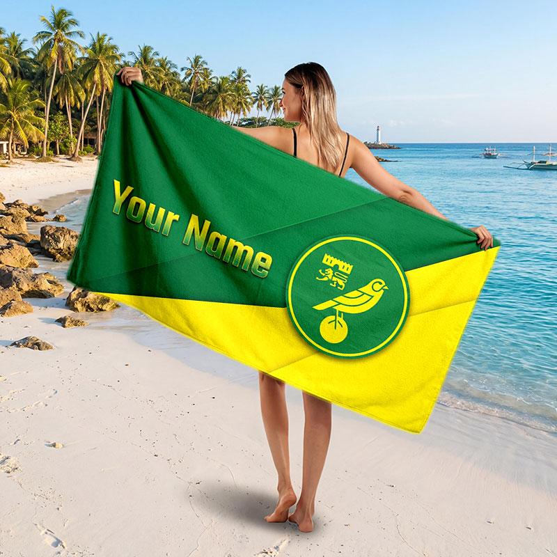 Norwich City Custom Beach Towel, Personalized Name Text Print, Football Logo Soft Quick‑Dry Towel Holiday Gift