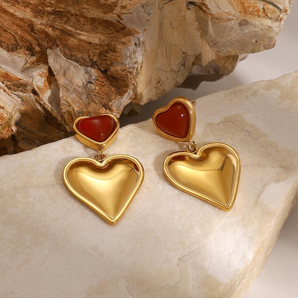 Youthway Retro Trendy Gold Plated Stainless Steel Natural Stone Heart-Shaped Stud Earrings For Women Anti Allergic Jewelry