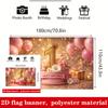 1st Birthday Banner Backdrop Gold Number 1 Crown Pink Balloons Roses Cake