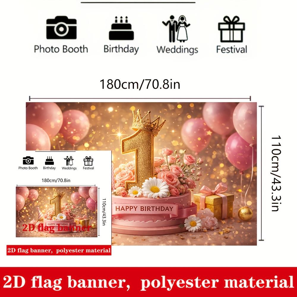 1st Birthday Banner Backdrop Gold Number 1 Crown Pink Balloons Roses Cake